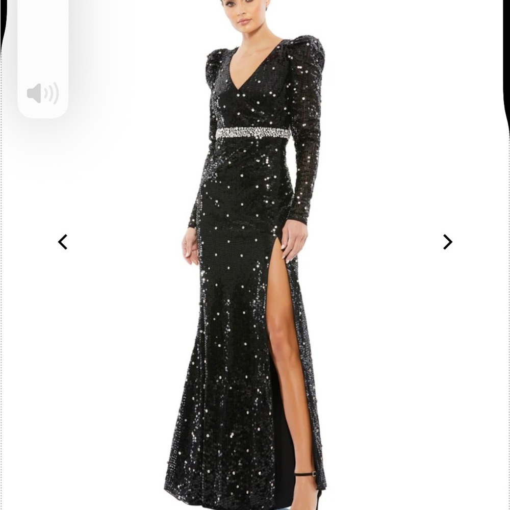 Mac Duggal Black Sequin Long-Sleeve Gown with High Slit – Size 8